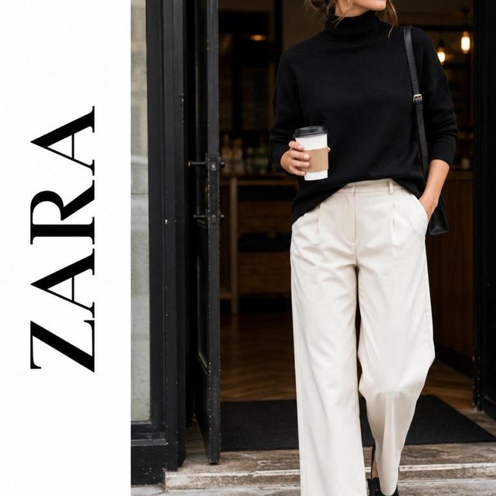 Zara Black Knit Turtleneck Sweater L 3/4 Sleeve Soft Stretch Minimalist Career
